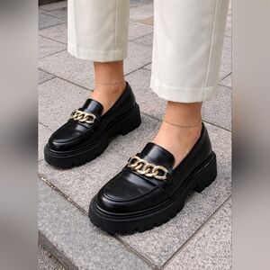 H&M Black Leather Loafers with Gold Chain Detail